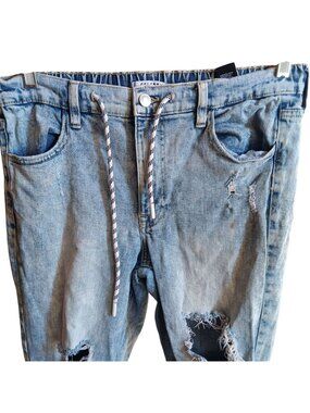 Small Celebrity Pink Distressed Light Wash Jogger Jeans Drawstring Elastic Cuffs